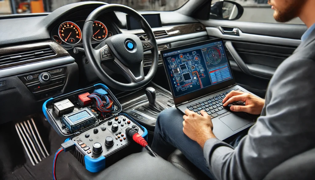 DALL·E 2024 08 06 11.27.33 A person using a specialized diagnostic tool to program the new Body Control Module BCM in a car. The scene includes a laptop connected to the car 1 1 How Long Does It Take to Replace a Body Control Module?