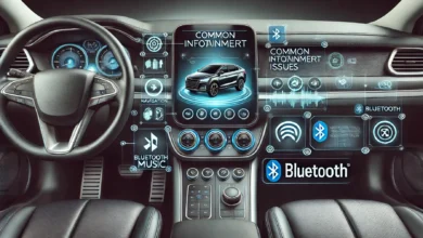 DALL·E 2024 09 16 02.04.24 A modern car interior featuring a sleek dashboard with a central touchscreen showing common infotainment issues such as a frozen screen and Bluetooth How to Troubleshoot Car Infotainment System Problems